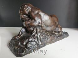 Barye Antoine-louis Bronze Patine Brune Chocolat Tigre Jaguar Et Gazelle XIX