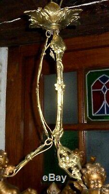 Beau LUSTRE suspension en bronze et régule 3 lumières ANGELOT PUTTI XIXè rosaces