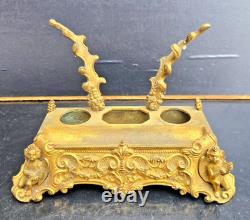 Bel Encrier Bronze Dore Angelots Decor Des Arts Peintre+musiciens Xixème Inkwell