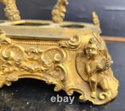 Bel Encrier Bronze Dore Angelots Decor Des Arts Peintre+musiciens Xixème Inkwell
