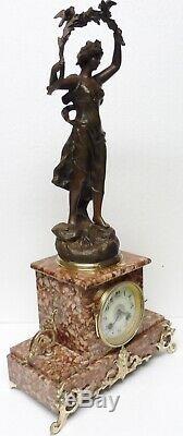 Belle PENDULE Napoléon III XIXè marbre bronze statue régule femme oiseaux clock