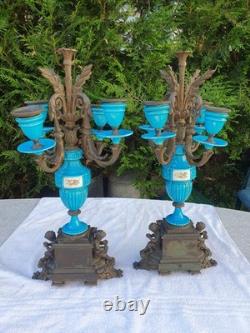 Belle Paire de chandeliers Bronze et Porcelaine Napoléon III vers 1850