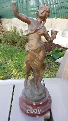 Belle Statue En Bronze Circe Par A. Moreau Socle Marbre Rouge