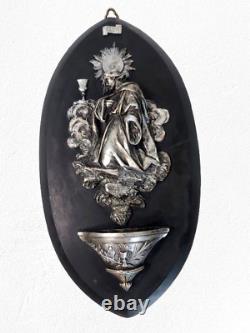 Bénitier Crucifix XIXe Marbre Noir et Bronze Argenté