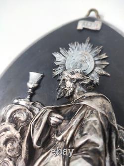 Bénitier Crucifix XIXe Marbre Noir et Bronze Argenté