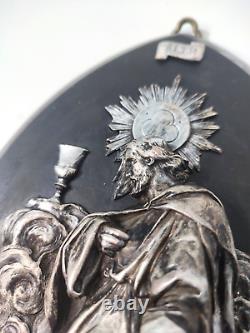 Bénitier Crucifix XIXe Marbre Noir et Bronze Argenté