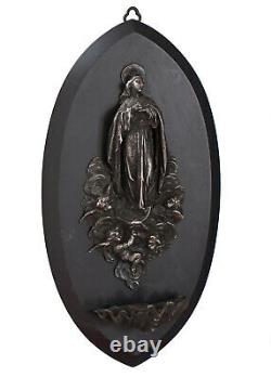 Bénitier Sainte Marie Parmi les Anges en Bronze Argenté sur Marbre Noir XIXème