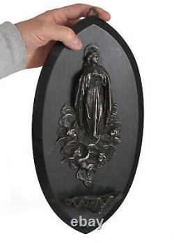 Bénitier Sainte Marie Parmi les Anges en Bronze Argenté sur Marbre Noir XIXème