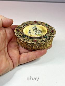 Boite à bijoux ancienne en bronze avec peinture miniature NAPIII XIXème