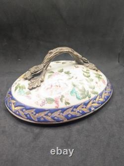 Bonbonnière porcelaine Limoges montée bronze LM 1895 décor oiseaux Napoléon III