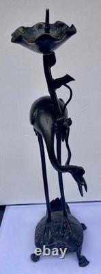 Bougeoir Bronze Chine XIXème Grue Tortue Antique Crane and Turtle Candlestick
