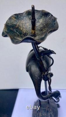 Bougeoir Bronze Chine XIXème Grue Tortue Antique Crane and Turtle Candlestick