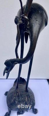 Bougeoir Bronze Chine XIXème Grue Tortue Antique Crane and Turtle Candlestick