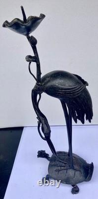 Bougeoir Bronze Chine XIXème Grue Tortue Antique Crane and Turtle Candlestick