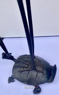 Bougeoir Bronze Chine XIXème Grue Tortue Antique Crane and Turtle Candlestick