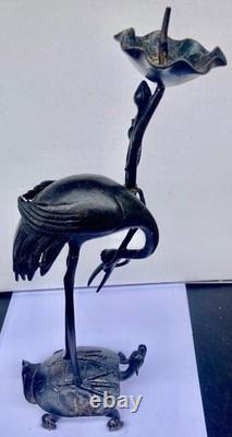 Bougeoir Bronze Chine XIXème Grue Tortue Antique Crane and Turtle Candlestick