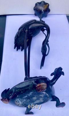 Bougeoir Bronze Chine XIXème Grue Tortue Antique Crane and Turtle Candlestick