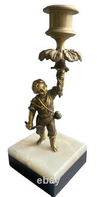 Bougeoir Napoléon III Paysan & Torche feuillagée Bronze sur Marbre