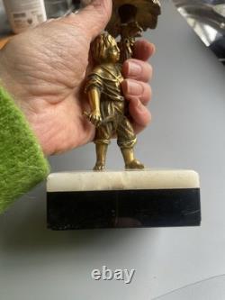 Bougeoir Napoléon III Paysan & Torche feuillagée Bronze sur Marbre