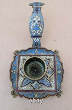 Bougeoir à main Napoléon III en cloisonné motif fleur de lys