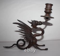 Bougeoir en bronze époque 19 ème siècle, forme de chimère, dragon