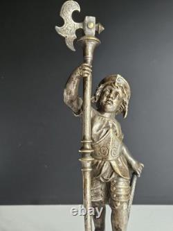 Bronze Argente Sculpture Cherubin Enfant Guerrier Armure Signee Gagne XIX