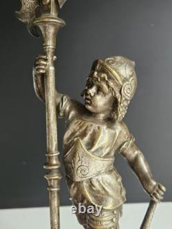 Bronze Argente Sculpture Cherubin Enfant Guerrier Armure Signee Gagne XIX