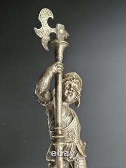 Bronze Argente Sculpture Cherubin Enfant Guerrier Armure Signee Gagne XIX