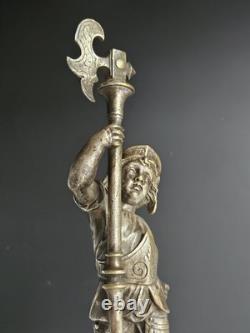 Bronze Argente Sculpture Cherubin Enfant Guerrier Armure Signee Gagne XIX