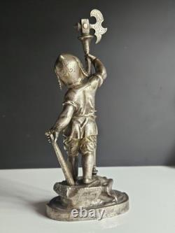 Bronze Argente Sculpture Cherubin Enfant Guerrier Armure Signee Gagne XIX