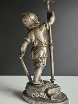 Bronze Argente Sculpture Cherubin Enfant Guerrier Armure Signee Gagne XIX