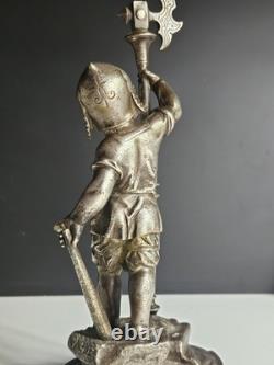 Bronze Argente Sculpture Cherubin Enfant Guerrier Armure Signee Gagne XIX