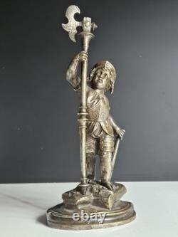 Bronze Argente Sculpture Cherubin Enfant Guerrier Armure Signee Gagne XIX