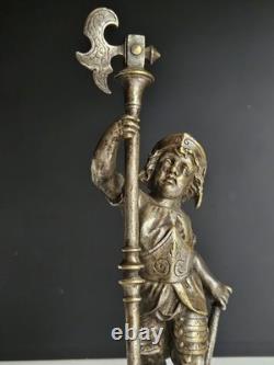 Bronze Argente Sculpture Cherubin Enfant Guerrier Armure Signee Gagne XIX