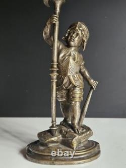 Bronze Argente Sculpture Cherubin Enfant Guerrier Armure Signee Gagne XIX