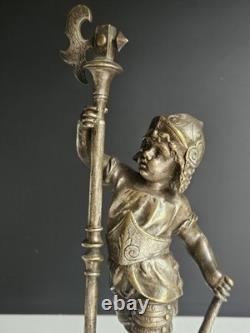 Bronze Argente Sculpture Cherubin Enfant Guerrier Armure Signee Gagne XIX