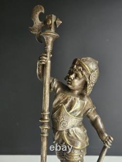 Bronze Argente Sculpture Cherubin Enfant Guerrier Armure Signee Gagne XIX
