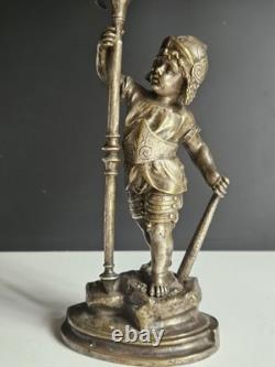 Bronze Argente Sculpture Cherubin Enfant Guerrier Armure Signee Gagne XIX