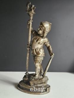 Bronze Argente Sculpture Cherubin Enfant Guerrier Armure Signee Gagne XIX