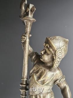 Bronze Argente Sculpture Cherubin Enfant Guerrier Armure Signee Gagne XIX