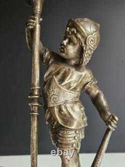 Bronze Argente Sculpture Cherubin Enfant Guerrier Armure Signee Gagne XIX