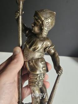 Bronze Argente Sculpture Cherubin Enfant Guerrier Armure Signee Gagne XIX
