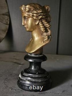 Bronze Buste Femme XIX socle Bois Era Napoleon III Visage Grecque Romain Deesse