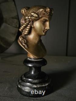 Bronze Buste Femme XIX socle Bois Era Napoleon III Visage Grecque Romain Deesse