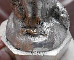 Bronze argenté animalier XIXème Le Chat et la Souris Socle marbre