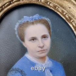 Cadre Portrait de Dame en Bleu MINIATURE XIXè Cadre en Bronze Hand Painted 19thC