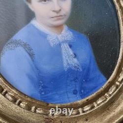 Cadre Portrait de Dame en Bleu MINIATURE XIXè Cadre en Bronze Hand Painted 19thC