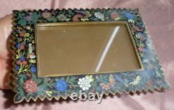 Cadre photo Napoléon III / fin XIXème Bronze émaillé fleurs & papilllons