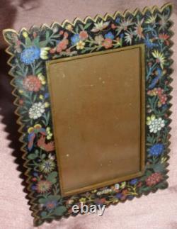 Cadre photo Napoléon III / fin XIXème Bronze émaillé fleurs & papilllons