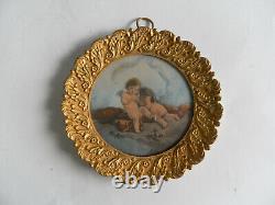 Cadre tondo médaillon en bronze doré gravure couleur anges XIXeme napoléon III